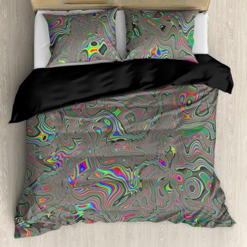 Gearider Grey Trippy Pattern Bedding Set of 3, Ultra Soft Rainbow Colors Duvet Cover Set for Kids Teen with Zipper Closure, Size Queen