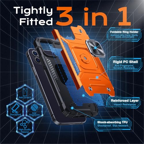 Image of Anqrp Heavy Duty Red Case for iPhone 12 /12 Pro Case with Enhanced Ring Holder Grip Stand, Military Grade Shockproof Rugged Drop Protective Silicone Hard Slim iPhone 12 Phone Case Cover,Orange