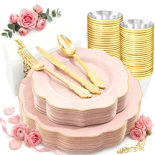 NOCCUR 175PCS Pink Plates with Gold Disposable...
