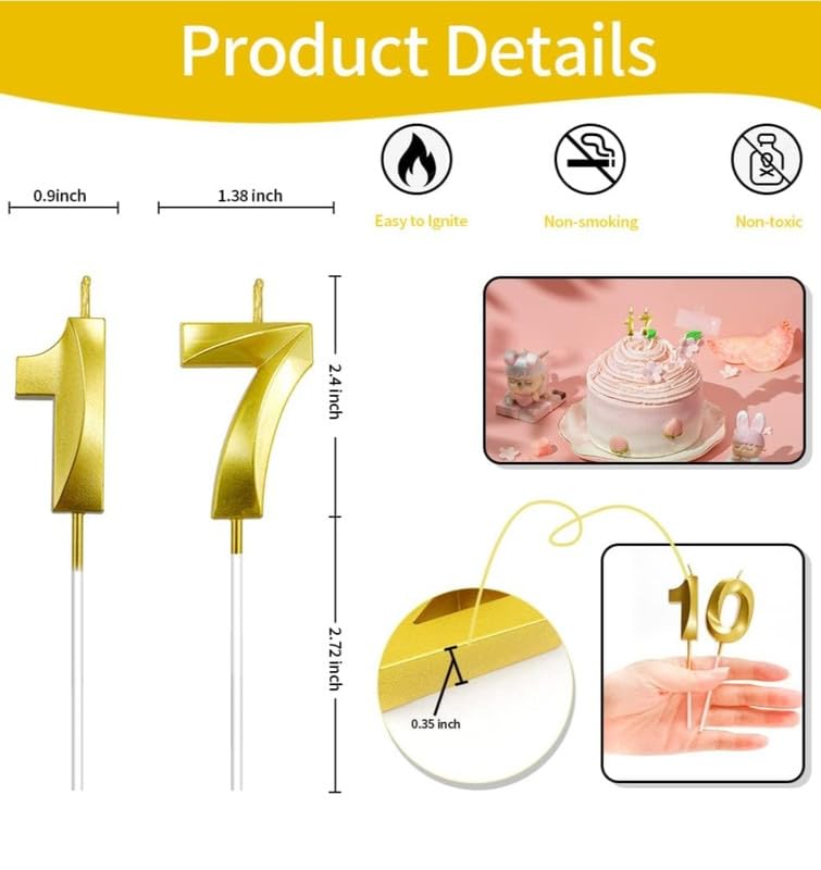 Image of Number Candles3 inch for Birthday, Wedding, Engagement, Valentines Day Celebration, Theme Party, Bridal Shower, Bachelors Decoration Gold (Numerical No 17 or 71)
