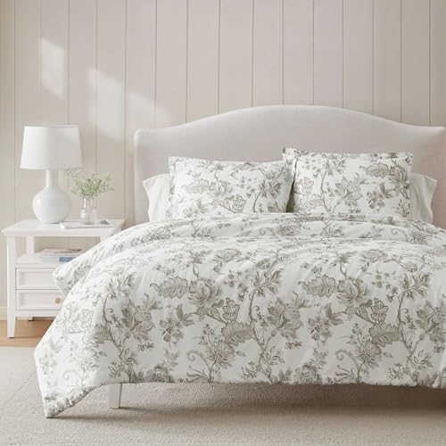 Image of Martha Stewart - Queen Comforter Set, Smooth Sateen Front with Subtle Sheen & Lightweight Cotton Percale Reverse, 3 Piece Bed Set with Matching Pillowcases (Avery Floral Grey)