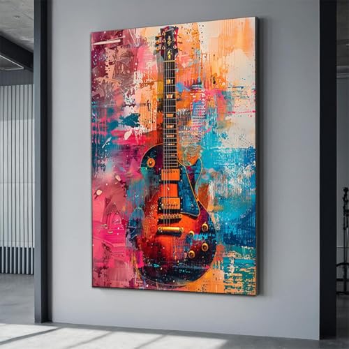 Peinture à l'huile sur toile de guitare abstraite : décoration murale raffinée de 70 x 110 cm