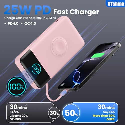 Image of Portable Charger for iPhone, 40800mAh Power Bank with Built-in Cables & AC Wall Plug, 5 Outputs USB C Fast Charging External Battery Pack for iPhone 17 /16 /15 /14, Android, Travel Essential (Pink)