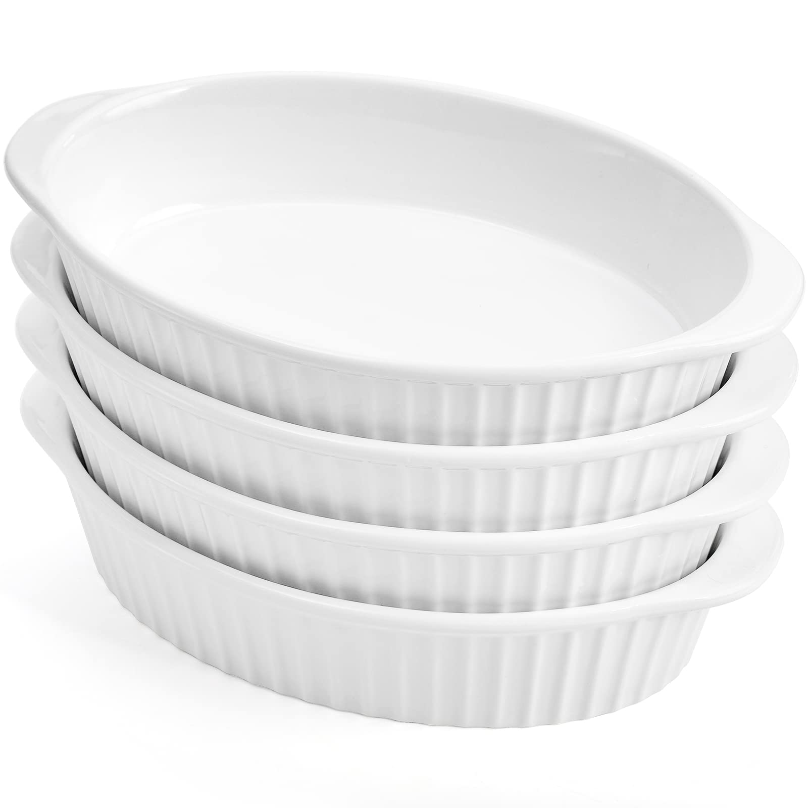 Foraineam Zestaw 4 białych porcelanowych owalnych naczyń do pieczenia, 450 ml Au Gratin Pans Małe naczynie do serwowania, patelnia do lasagne Crème Brulee zestaw naczyń do pieczenia z podwójnymi