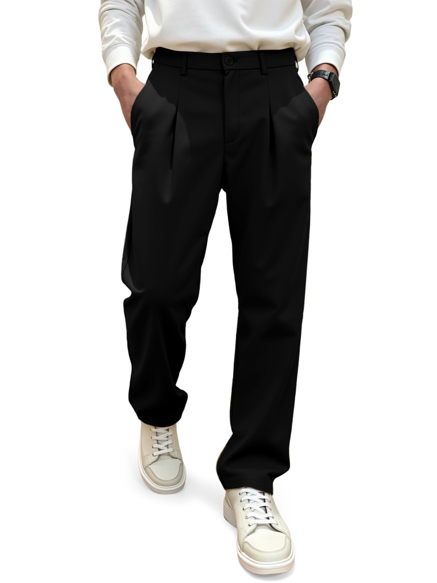 JMIERR Mens Pleated Pants Elastic Waist Wide Leg Casual Dress Pants