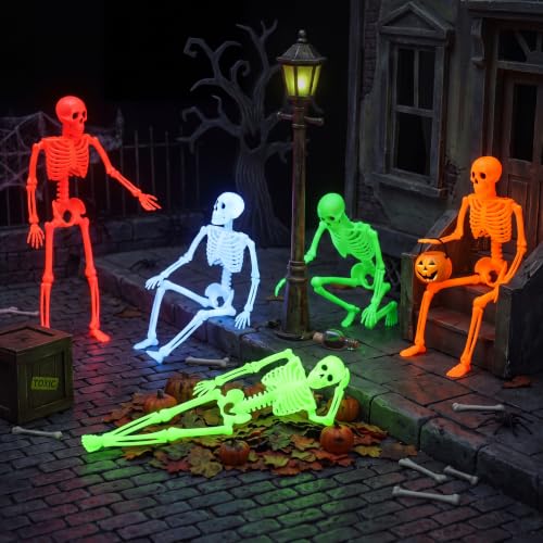 Image of JOYIN 5 PCS 16 inch Blacklight Reactive Halloween Skeleton, Small Skeleton Decor, Full Body Posable Joint Hanging Skeleton for Halloween Decoration, Graveyard Prop, Haunted House, Spooky Scene Party Favor