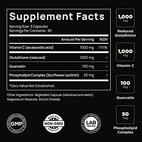 Elmnt 2150Mg Super Antioxidant Liposomal Glutathione Supplement W. Vitamin C, Quercetin & Reduced L Glutathione 1000Mg - Proven Complex For Best Absorption, Detox, Skin Glow + Immune - 90 Pills #TOP1