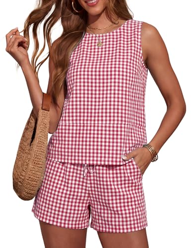 LOMON Womens Trendy 2 Piece Outfits Shorts Sets Summer Crew Neck Sleeveless Tank Top and Bottom Matching with Pockets 2026
