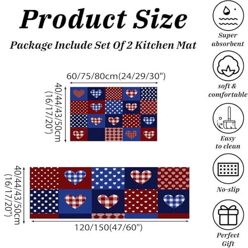 Alfombras de cocina antideslizantes azul marino de pasillo con estampado patchwork y corazones 5