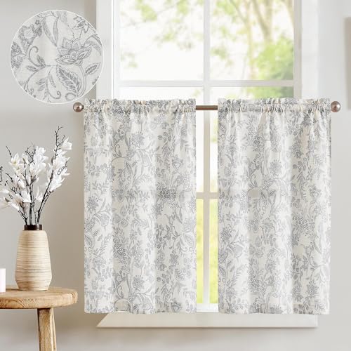 jinchan Floral Kitchen Curtains for Windows 24 Inch Gray Linen Tier Farmhouse Cafe Curtains Country Botanic Small Window Rod Pocket Rustic Flax for La