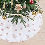 White Christmas Tree Skirt 24 Inch Small Faux Fur Rose Gold Snowflake Tree Skirt for Holiday Xmas Party Home Decorations