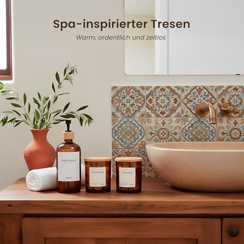 MaisoNovo Wattestäbchen Behälter Glas - 375 ml Luftdichte Wattepads Aufbewahrung, Ohrstäbchen Behälter, Haargummi Aufbewahrung - 2 Schwarze Gläser Mit Glasdeckeln, 16 Etiketten