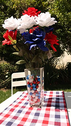 Admired By Nature Gpb293-Rd/Wt/Bl-2 Artificial 12 Stems, Patriotic, Memorial Day, Veined Satin Rose Bush, 2 Pc Set #TOP4