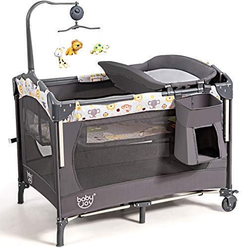 DREAMADE Lit Parapluie Bébé Pliable 3 en 1 avec Table à Lange & Matelas Réglable en Hauteur, Lit de Voyage Bébé avec Jouets & Musicaux, Roues & Panier de Rangement (Gris)