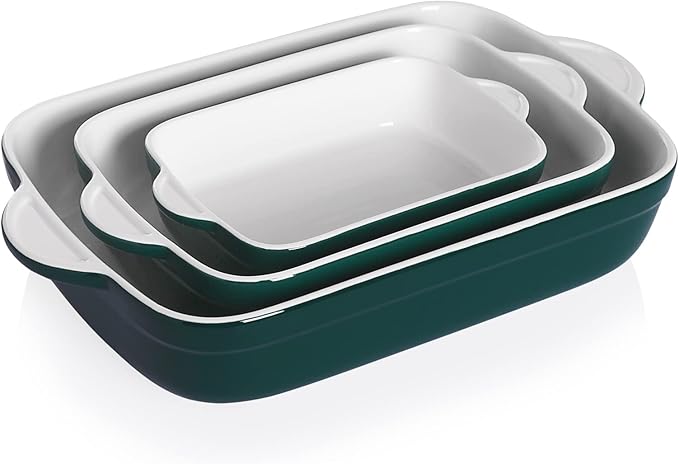 Sweejar Casserole Dish for Oven, Ceramic Non-Stick Roasting Baking Dish Sets of 3, Rectangular Lasagna Pan Deep for Cooking, Cake Dinner, Banquet, 13 x 9.4 Inch Bakeware with Handles (Jade)