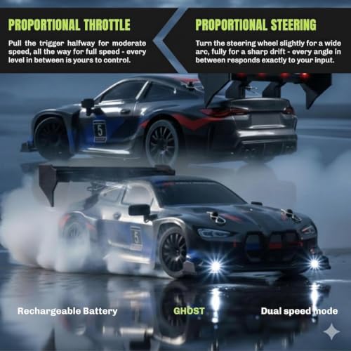 Image of FLYTEK RC Drift Racing Car 1:24 Scale 4WD 2.4GHz 20 Kmph (Black and Red) | LED Lights, Replaceable Tyres, Flexible PVC Shell, Multi-Player Support, USB Rechargeable