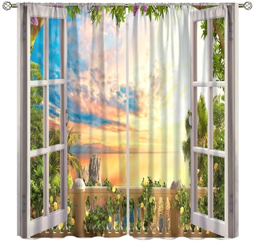 Nature Landscape Curtains，Beautiful Sunset Ocean Scenery Rod Pocket Decor Window