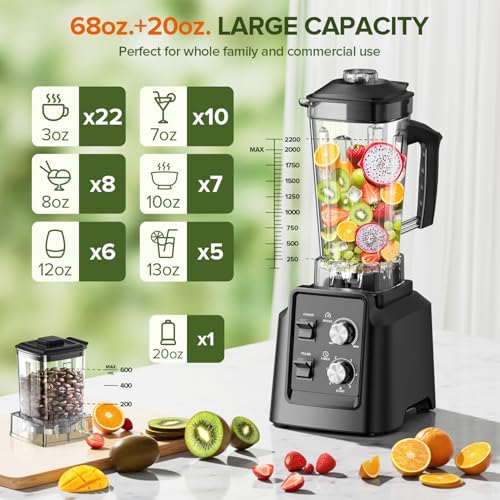 Blenders for Kitchen, Smoothie Blender - Professional Countertop Blenders with 68oz Dishwasher-Safe Pitcher, Ice Crusher for Frozen Drinks & Smoothies, BPA Free, Black
