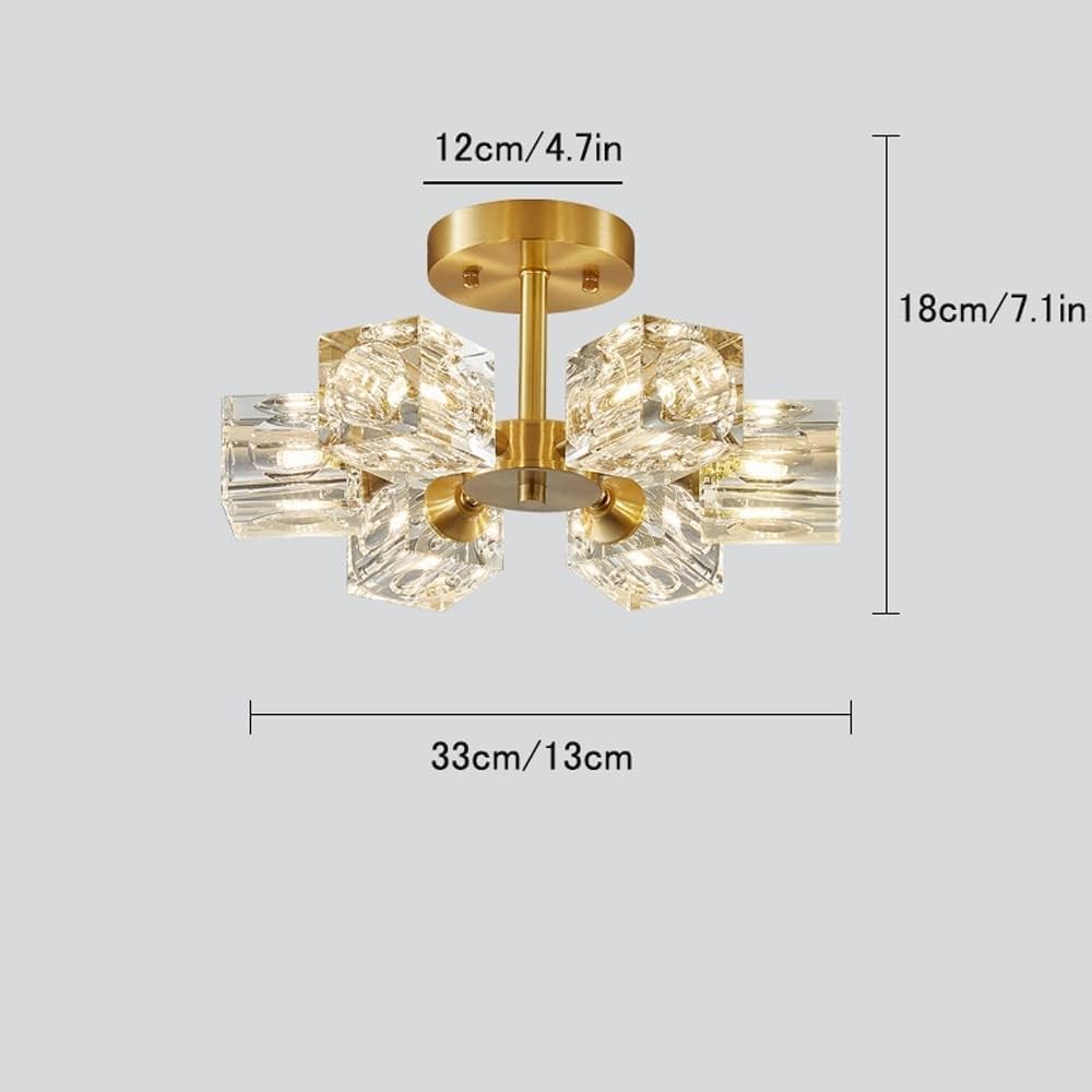 Modern Brass Gold Crystal Cube Ceiling Light, LED 3-Color Dimming Designed Nordic Aisle Ceiling Light,Semi Flush Mount 6-Light Light Fixture, for Room Hallway Entryway Luxury Lighting