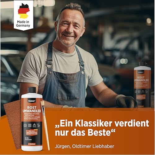 PRINOX Profi Rostumwandler 1000ml Set - Rostentferner u.a. für Auto und Fahrrad inkl. Schleifvlies & Pinsel - Entroster mit schneller Wirkung zum Entfernen von Rost - Lackierbereit