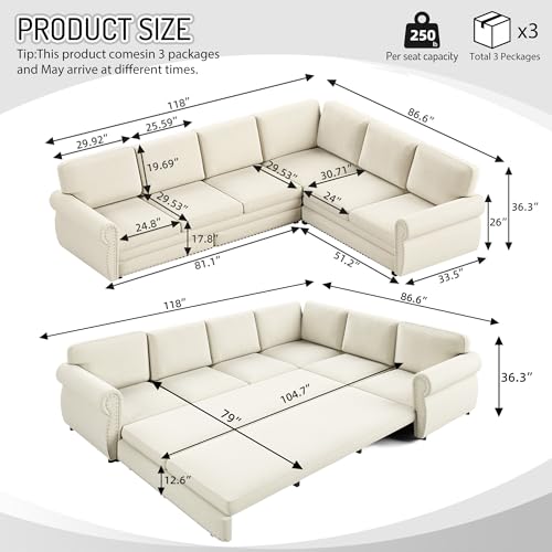 Image of KEIKI 118 inch Chesterfield Sleeper Sofa, Chenille Sectional Couch, Beige | L Shaped, Pull Out Bed Design, Nailhead Trim Detail, Rolled Armrest, 6 Seat Seating, Living Room Guest Room Use