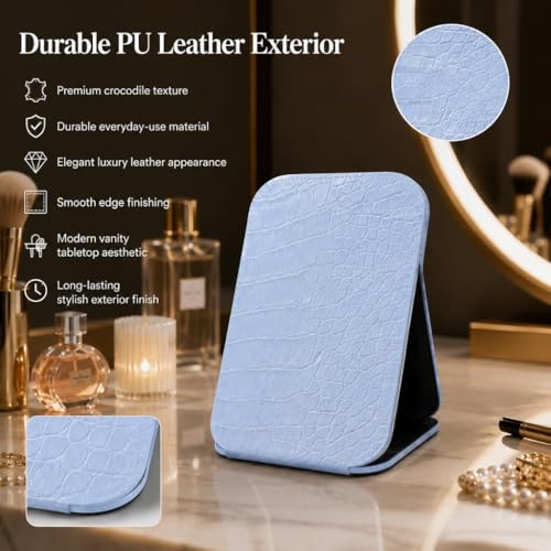 Image of Foldable Makeup Mirror with Adjustable Stand, Portable HD Vanity Mirror for Travel & Dressing Table, PU Leather Crocodile Pattern Compact Cosmetic Mirror for Women & Girls (16x11cm) (Blue)