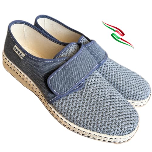 Emanuela Chaussures d'été TAORMINA tout en toile en nid d'abeille devant avec déchirure plante confortable Made in Italy, Bleu Jeans, 44 EU