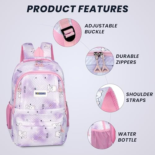 Image of Storite 3 PCS Kids School Backpack Set for Girls & Boys | 17 Inch Lightweight Backpack with Lunch Box & Pencil Case | Purple Bear Print School Bag for Elementary, Middle & High School