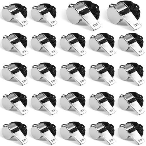 Hipat 24-Pack Stainless Steel Whistles with Lanyards - Loud, Clear Sound for Coaches, Referees, Survival Kits & Outdoor Safety