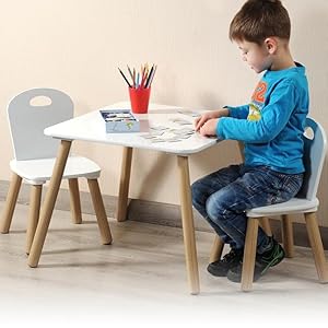 Mdf Juego de mesa infantil con 2 sillas | Grupo de asientos aprobado FSC | Mesa de madera, incluye 2 tronas | Afm: Mesa 55 x 45 x 55 cm. | Afm: Silla 27 x 53 x 27 cm. | 3 - Juego de piezas | Color: