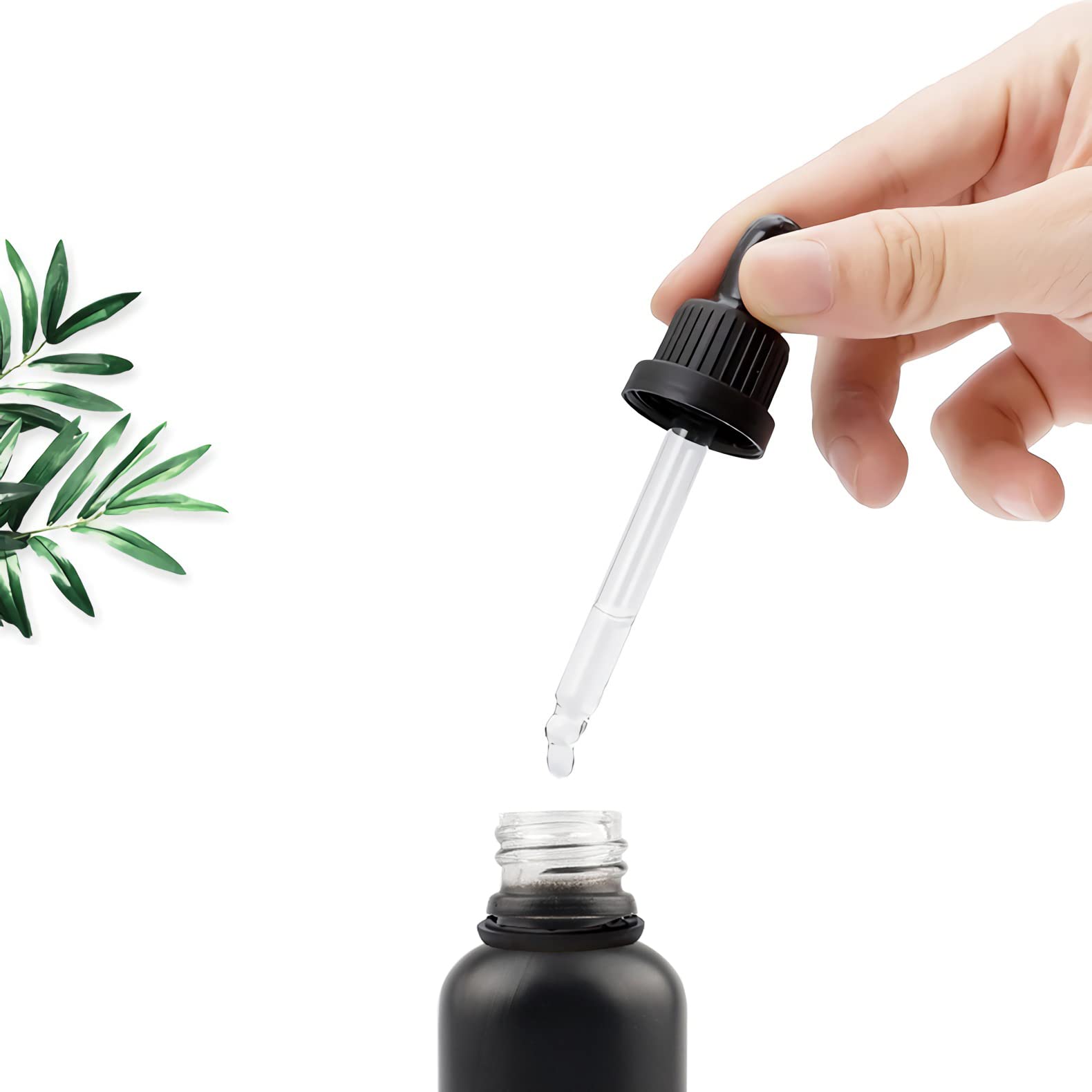 24 Stück 50 ml Gefrostet Schwarzglas Pipettenflasche mit Schwarz Originalitätsverschluss Pipettenring, Leere Klar Glasflasche Glaspipette Tropfflaschen für Ätherische Öle Aromatherapie