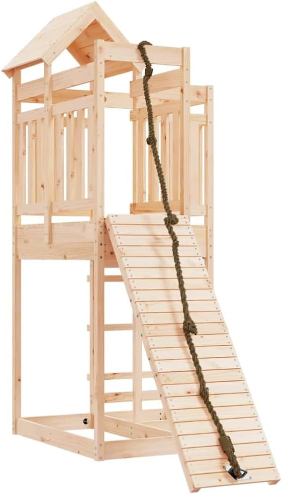 Solid Pine Wood Playhouse with Climbing Wall and Safety Railings, 4-Piece Outdoor Wooden Play Set for Kids Aged 4-8, Durable Backyard Playhouse for Imaginative Play