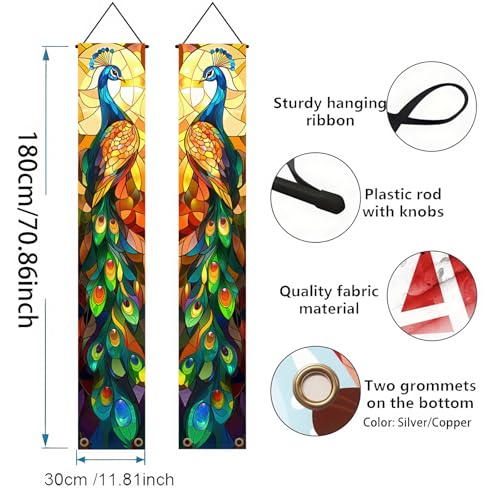 Image of BlissYard 2pcs Peacock Decorations Door Banner Stained Glass Peacock Porch Banners Hanging Sign Banner Seasonal Decor for Porch Patio Garden Outdoor Indoor Elegant Home Decoration Supplies