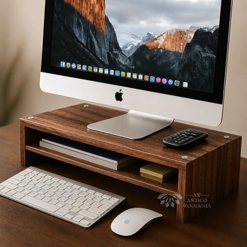 Image of Wooden Monitor Stand with Storage Organizer For Desk, Tables, Office, Home, Studio, Study Table | Desktop Ergonomic Monitor Stand Riser (Walnut, Large)