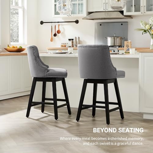 Busaurus Swivel Counter Height Bar Stools with Back, 26” Upholstered Barstools Set of 2, Mid Century Morden Counter Height Chairs with Wood Legs for Kitchen Island, Home Bar, Grey