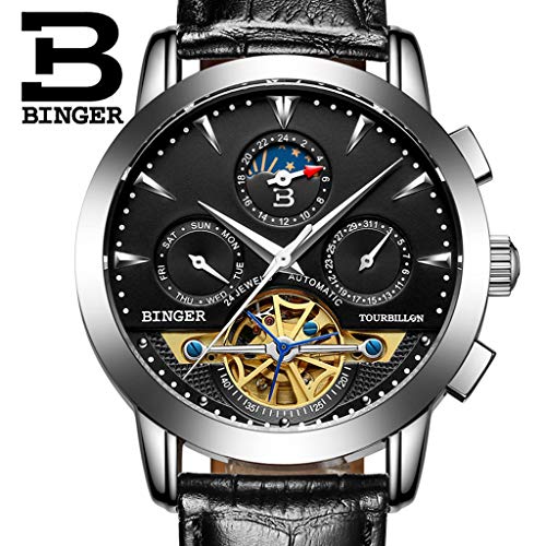 Preisvergleich Produktbild FAPROL-BINGER Herrenuhr Automatische Mechanische Uhren Mehrzifferblatt Kalender- Und Wochenanzeige Lederband Hohl Dekoration Black