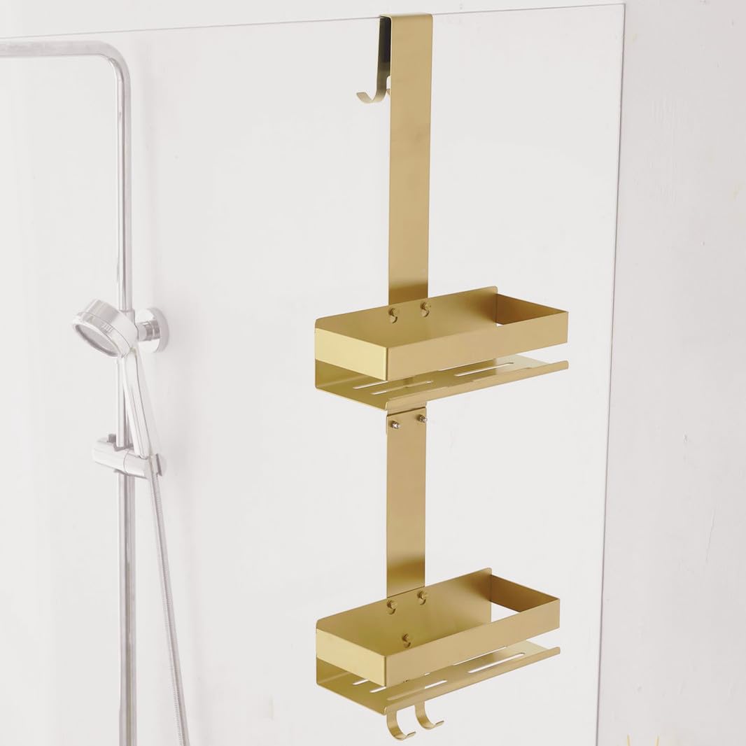 Beelee Portaoggetti Doccia Oro, Organizzatore Doccia da Appendere alla Porta, Portaoggetti da Bagno con Scaffale a 2 Livelli e Ganci, per Gel Doccia, Shampoo, Sapone, Rasoio, Asciugamano