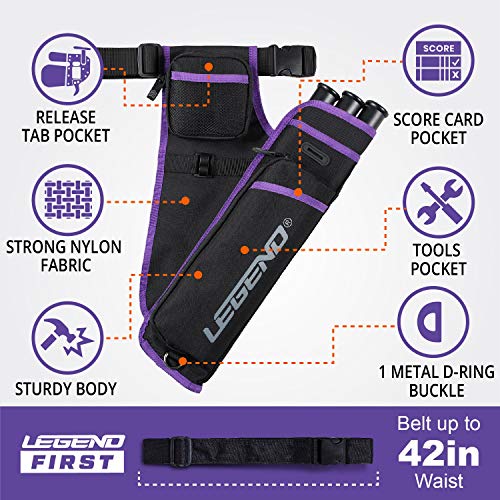 Legend First Archery Quiver For Arrows - Target Shooting Hip Quivers With Adjustable Belt & 3 Arrow Tubes - Durable Nylon Material - With T-Slot & Storage Pockets For Accessories, Tools, Score Card #TOP1