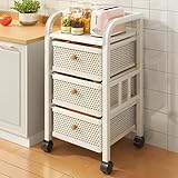 PFLife キッチンワゴン 引き出し キャスター付き 天板付き キッチン ラックワゴン スリム スライド式 トロリー収納ラック 移動式 キャスター付き 組立簡単 小物 調味料 洗面所 すき間ワゴン 台所 整理棚 (ホワイト, 3段-幅32.5cm)