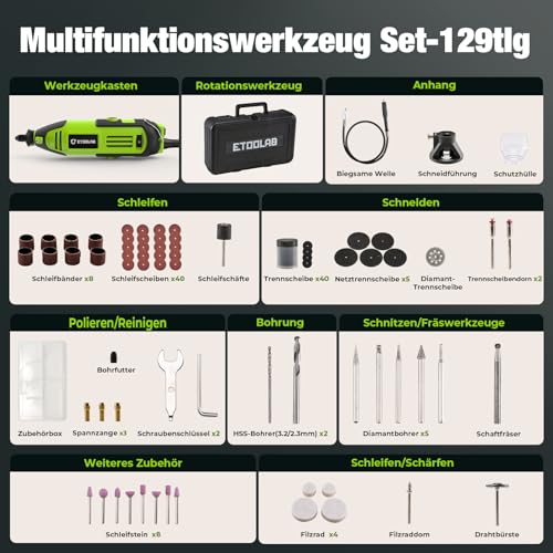 Multifunktionswerkzeug 200W, ETOOLAB [Professional] Rotationswerkzeug, Echte 10000-35000 U/min, Drehmelwerkzeug Set mit 129 Zubehören, 6 Variable Drehzahl für Schneiden, Gravieren, Bohren, usw.