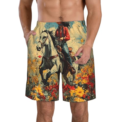Mens Swim Trunks Board Shorts Quick Dry Shorts with Pockets - Cowgirl Patterns Vintage Art