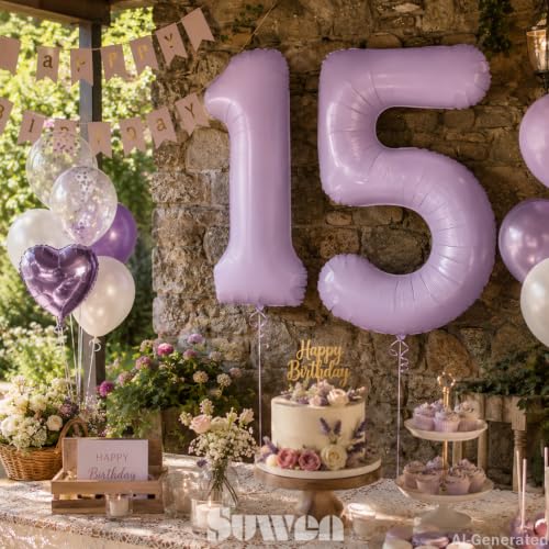 Image of SUWEN 40 Inch Light Purple Large 15 Balloon Number Big Foil Helium Lavender Number Balloons Huge Mylar 0-9 Giant Jumbo Happy 15th Birthday Party Anniversary Decorations