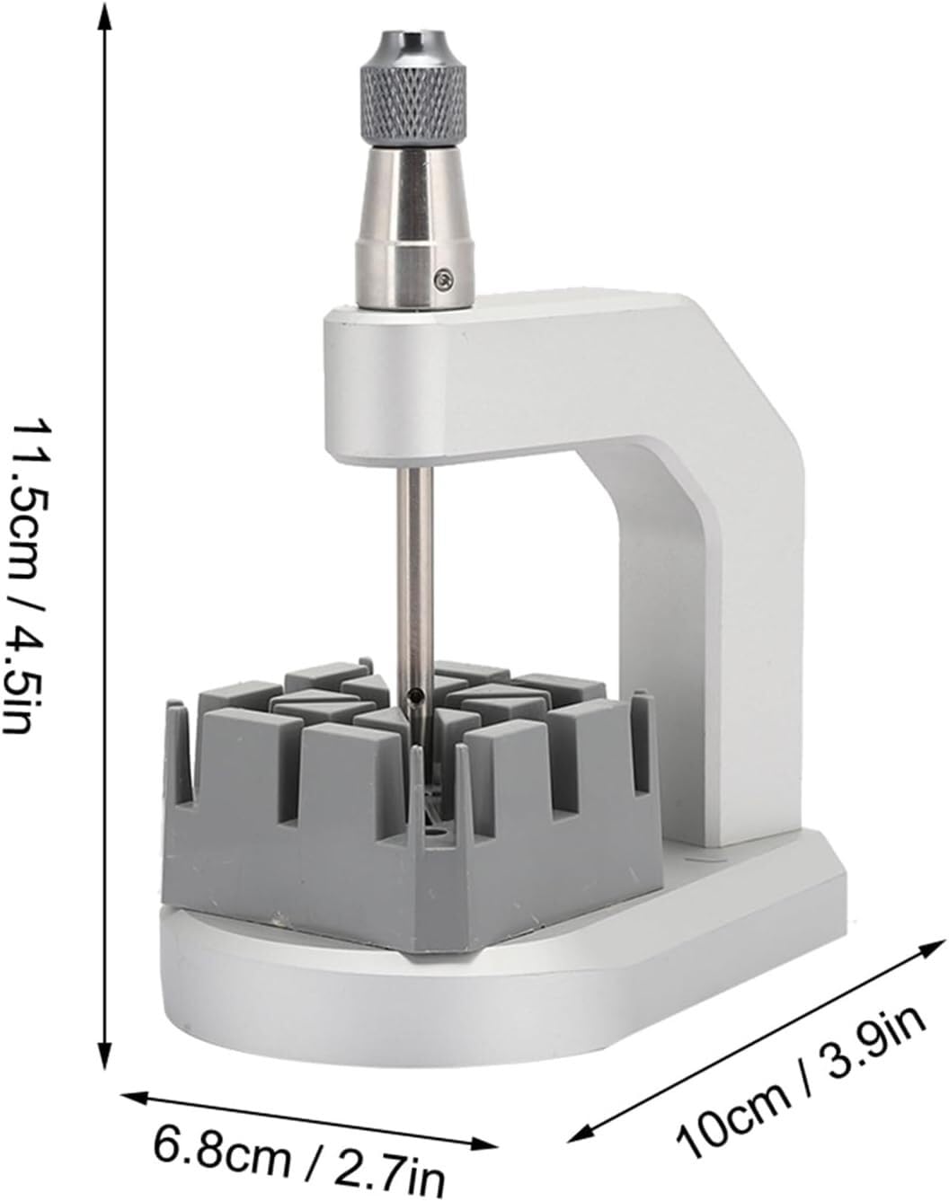 Estrattore Perni Cinturino in Alluminio con Base e 3 Accessori | Kit compatto da 10 × 6,8 × 11,5 cm con supporto fisso e tre accessori per regolare bracciali con perni compatibili.
