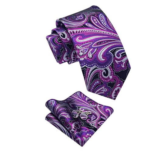Image of YourTies Silk Paisley Floral Tie and Pocket Square Cufflinks with Lapel Pin Sets for Men 5PC Wedding Party