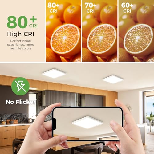 zemty Deckenlampe LED Deckenleuchte Flach, 3Farben - 3000K/4000K/6500K, IP44 Wasserfest Quadrat Badlampe Decke, 1800LM Modern LED Decklit für Flur küche Badezimmer Schlafzimmer Büro, Ø18CM