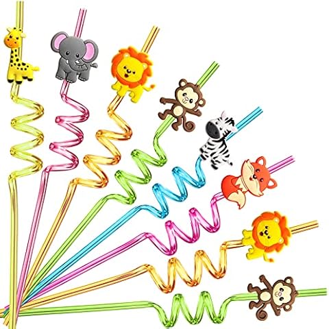 24 Reusable Jungle Animal Plastic Straws for Lion Fox Zebra Giraffe Safari Birthday Party Supplies Favors,Woodland Party Gift Favors with 2 Cleaning Brushes Cover