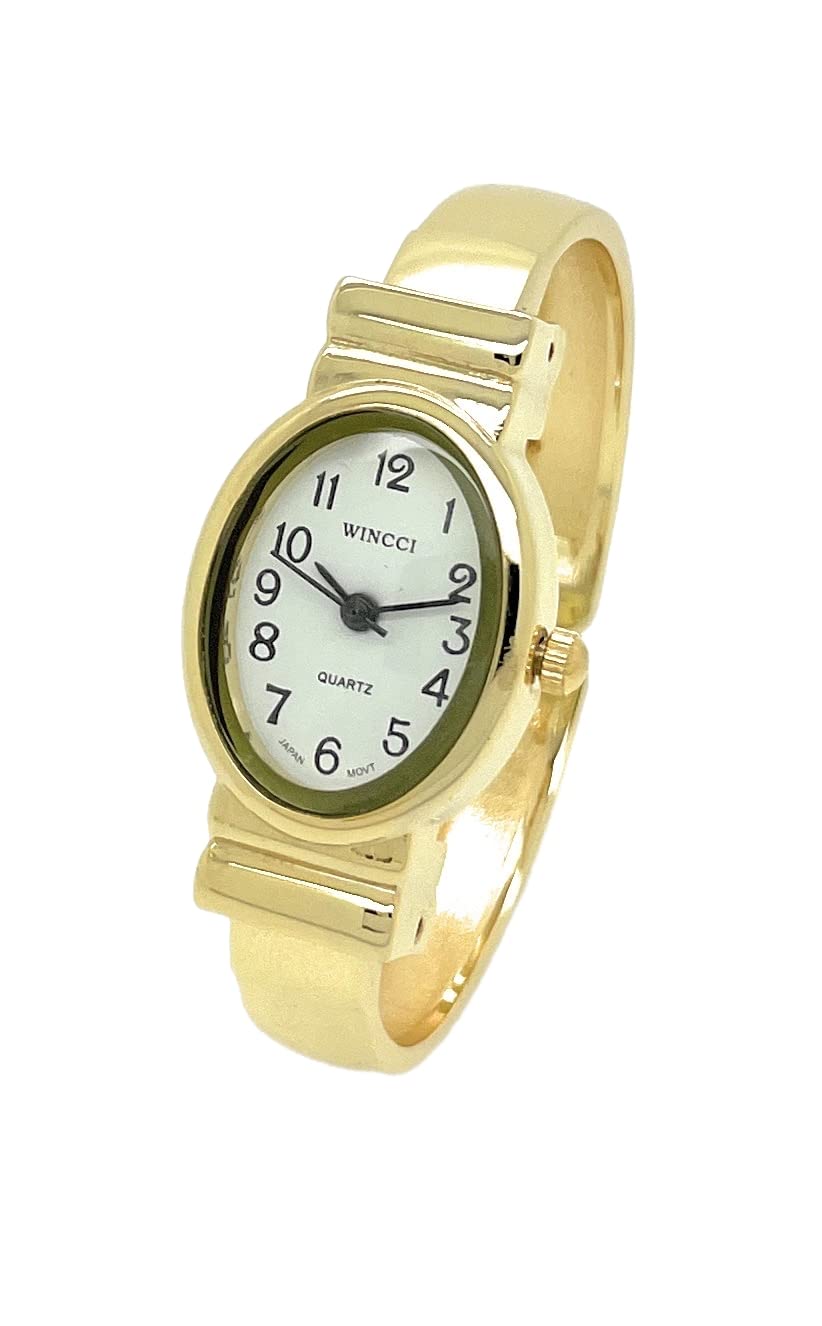 WincciLadies Small Oval Case Metal Bangle Cuff Fashion Analog Quartz Watch White Dial with Easy to Read Black Numbers