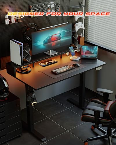 Image of Agilestic 48x24 Inch Electric Standing Desk with Shelf, Height Adjustable Desk with Power Outlets & LED, Sit Stand Up Table with Monitor Stand, Computer Workstation, Black