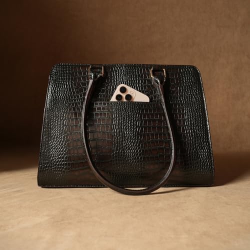 Image of Theater Dr. Grief Brown Croco Handbag for Women | Structured Top Handle Tote with Spacious Interior | Elegant Office Work & All Day Essential Laptop Bag