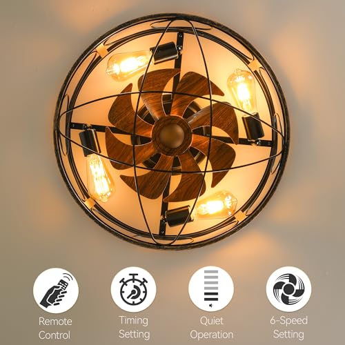 DWVO 20 Inch Caged Ceiling Fan with Lights and Remote, Farmhouse Flush Mount Low Profile Ceiling Light Fixture with Reversible DC Motor, 6 Speeds, for Living Room, Dining Room, Bedroom (Brown + Black)
